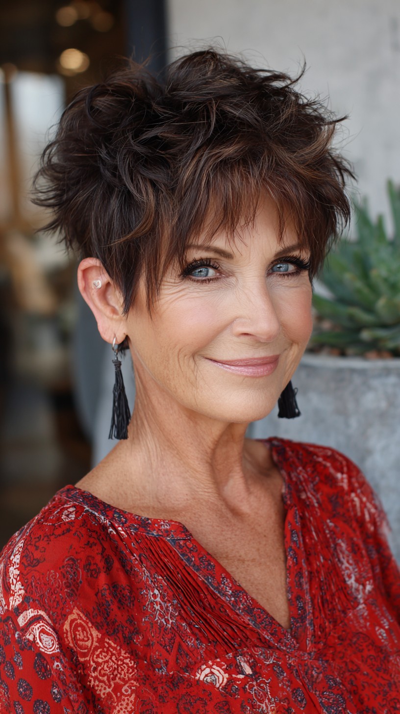 Tousled Chocolate Pixie-Shag with Feathered Fringe and Subtle Auburn Lowlights