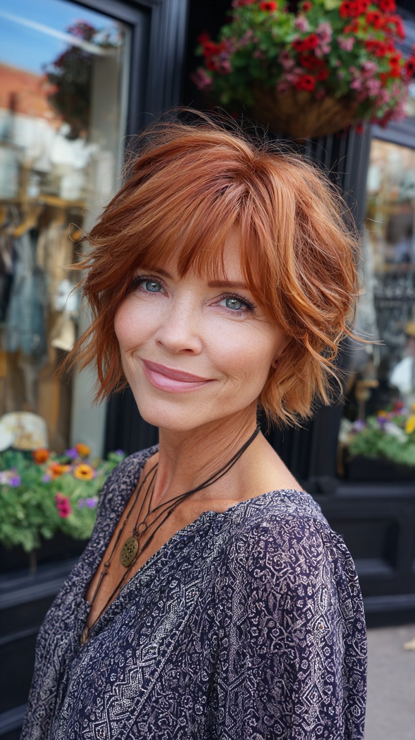 Tousled Copper Layered Short Bob with Face-Softening Fringe
