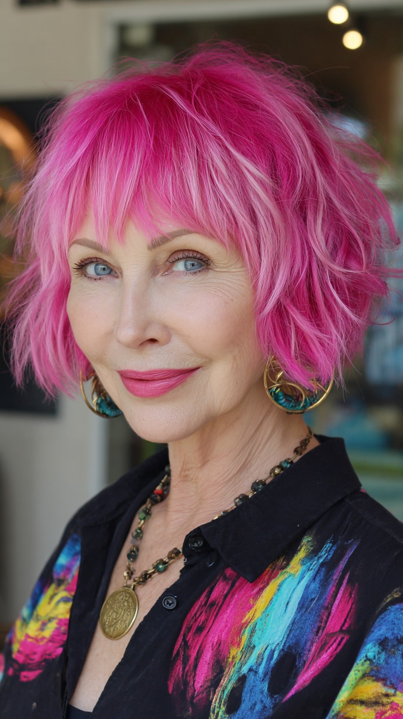 Bright Pink Textured Short Shag with Choppy Micro-Fringe