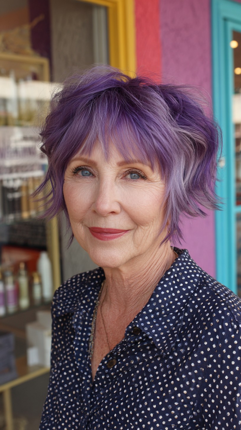 Violet Feathered Short Shag with Soft Micro-Bangs