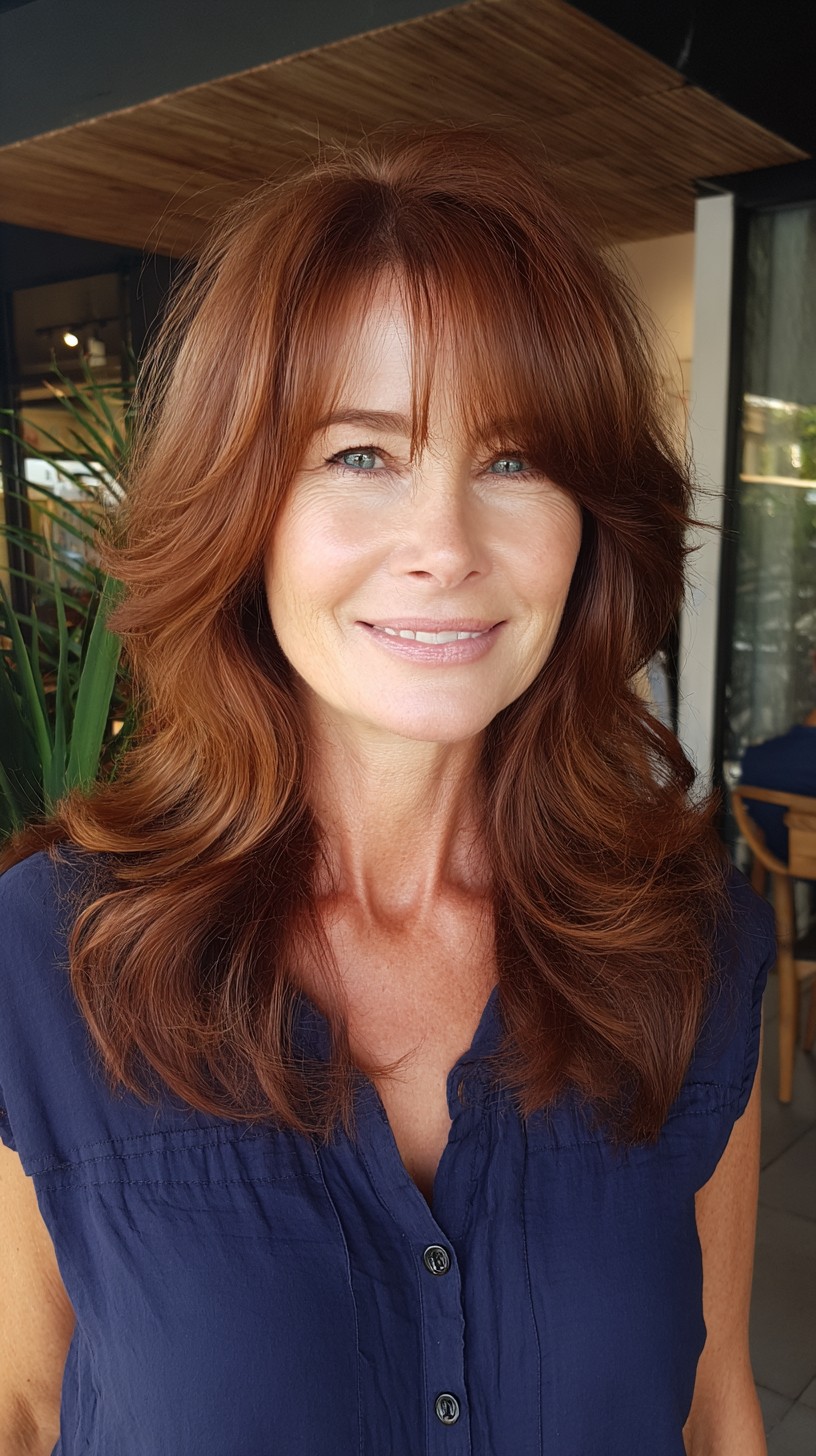 Voluminous Auburn Layered Waves with Feathered Fringe