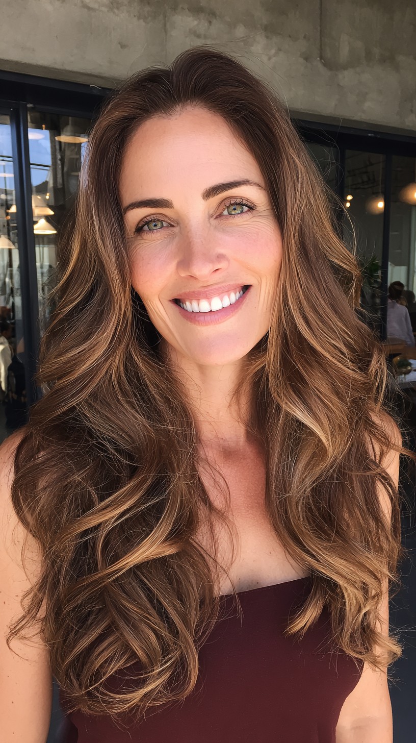 Voluminous Long Waves with Face-Framing Ribbon Highlights