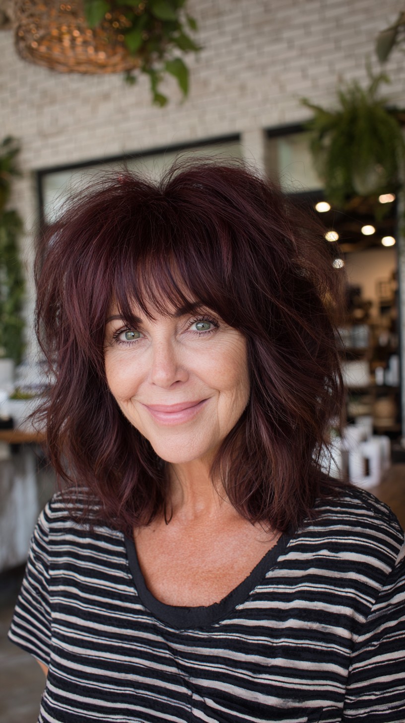 Voluminous Mahogany Mid-Length Shag with Tapered Fringe