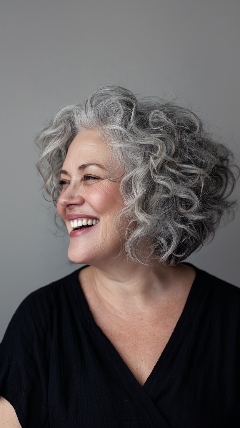 Voluminous Silver Curly Chin-Length Bob with Internal Graduation