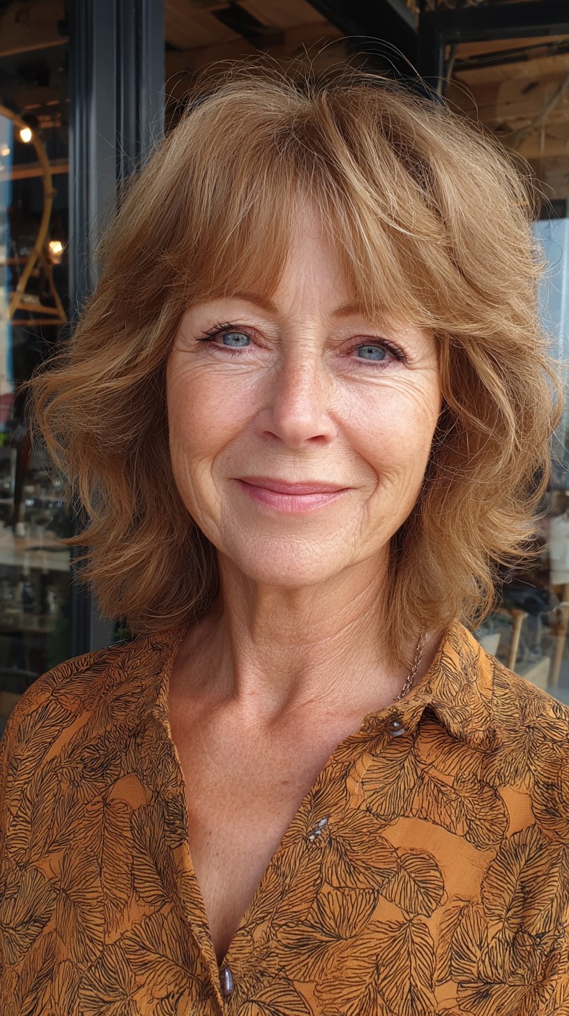 Warm Ash-Gold Layered Shag with Soft Curtain Bangs