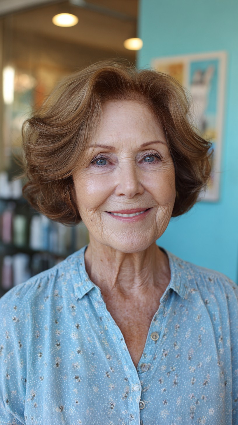 Warm Bronde Feathered Short Bob with Root Dimension