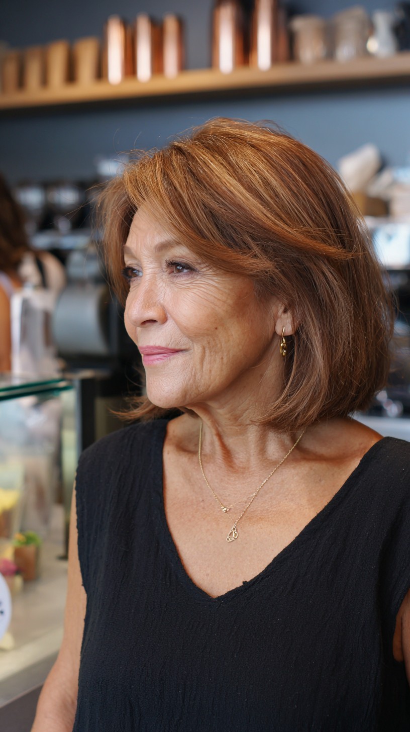 Warm Brunette Shoulder-Grazing Bob with Subtle Face-Framing and Root Smudge