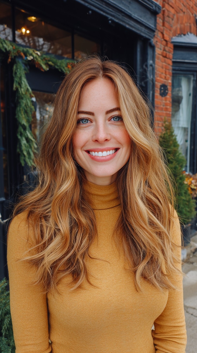Warm Caramel Center Part with Long Loose Waves