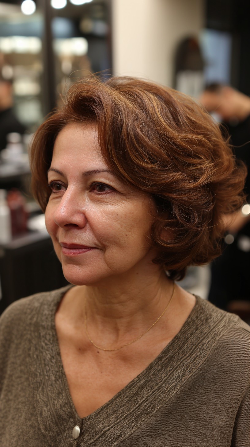 Warm Chestnut Layered Short Bob with Soft Crown Stack