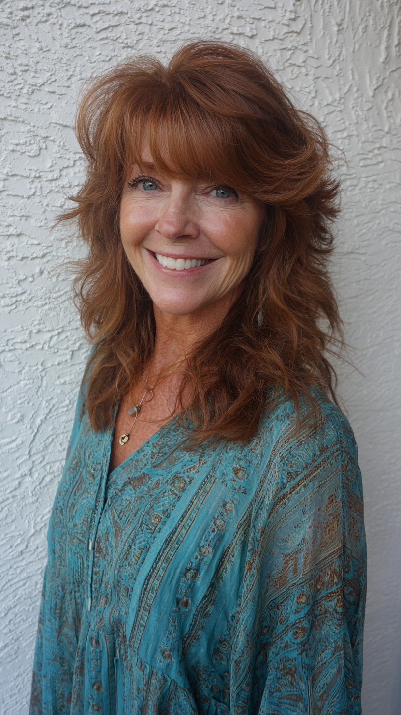 Warm Copper Feathered Shag with Full Curtain Bangs