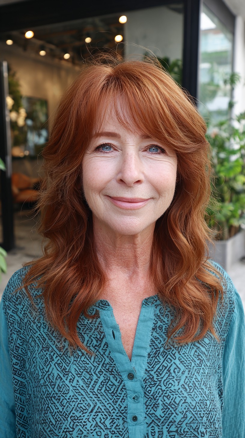Warm Copper Layered Mid Shag with Soft Side-Swept Curtain Fringe