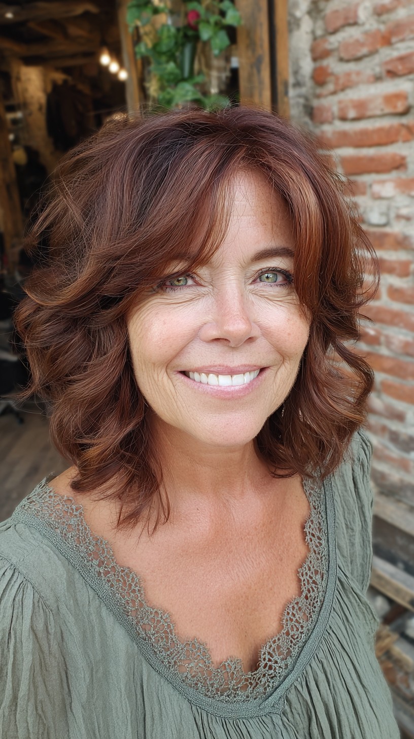 Warm Copper Layered Shoulder Lob with Face-Framing Feathering