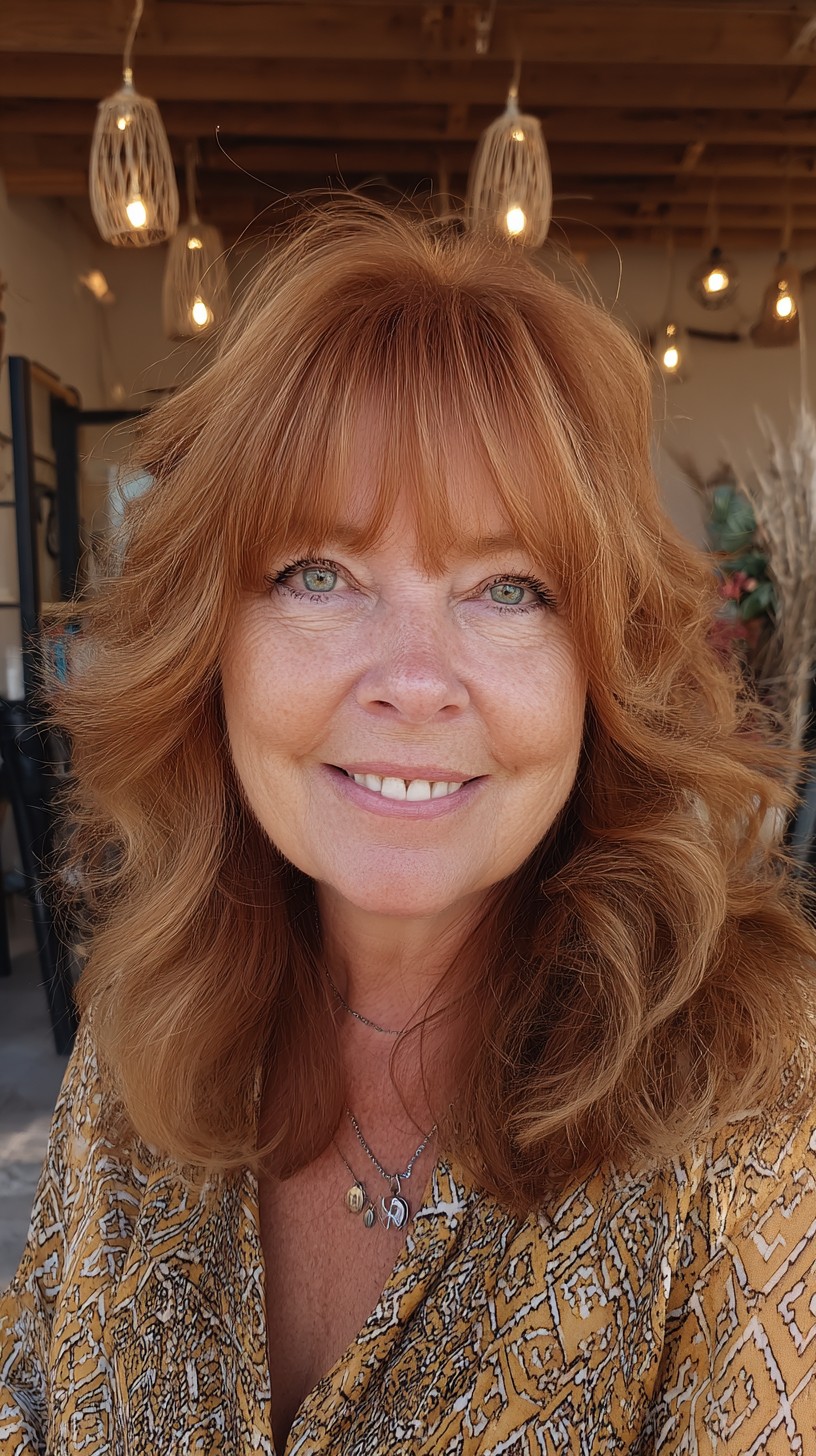 Warm Copper Mid-Length Shag with Soft Curtain Bangs