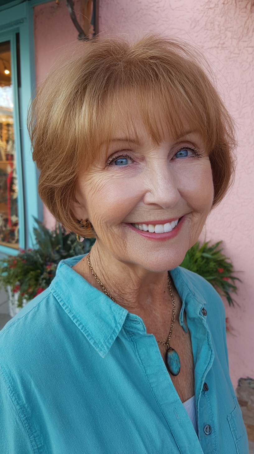 Warm Copper Short Bob with Feathery Micro-Fringe and Crown Stacking