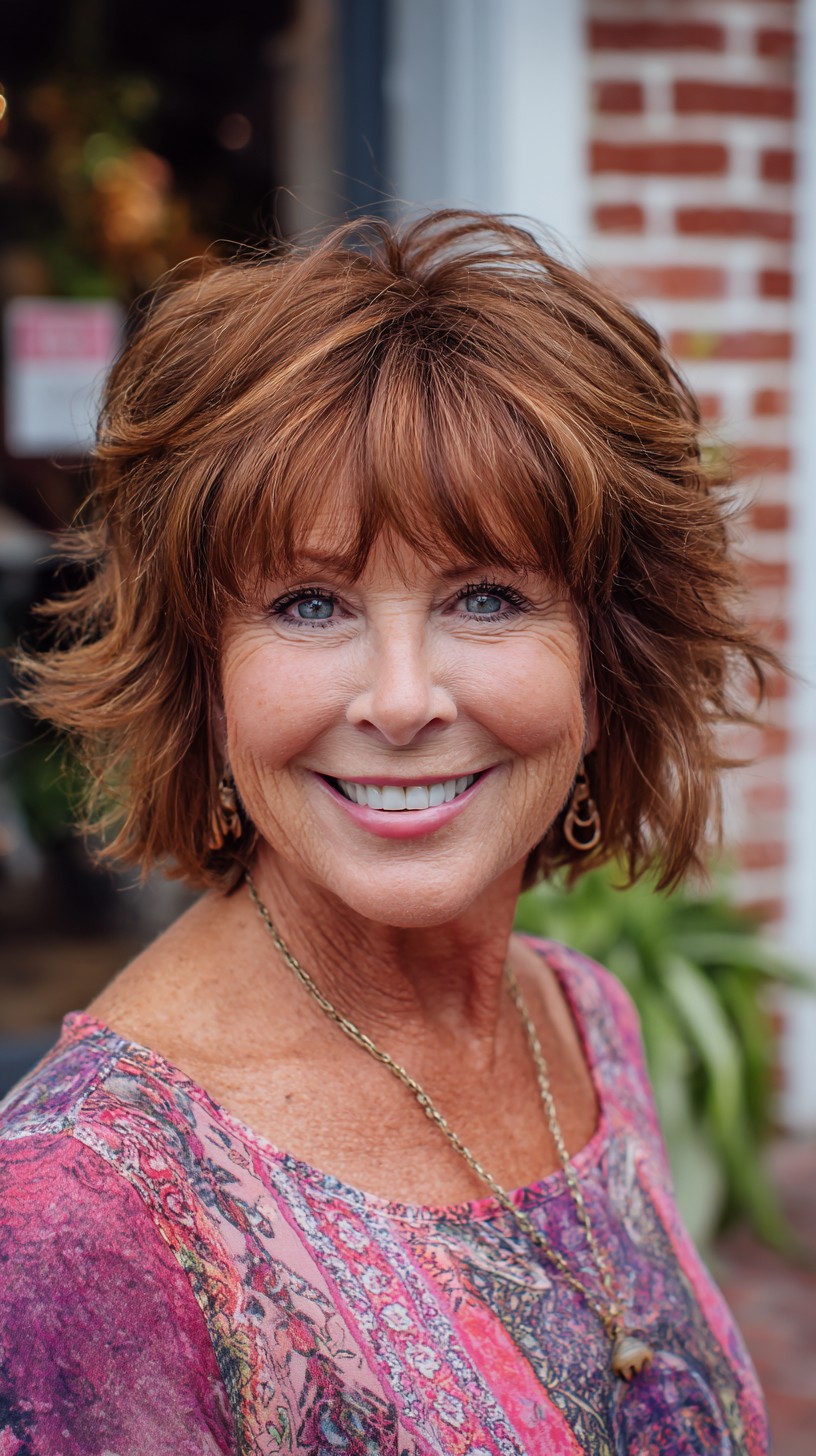 Warm Copper Textured Chin-Length Shag with Feathered Bangs