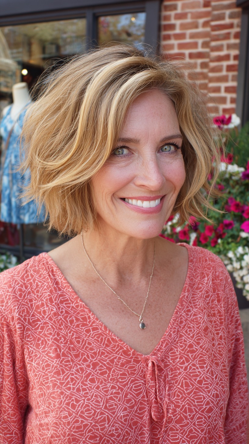 Warm Sun-Kissed Layered Chin-Length Bob with Rooted Depth