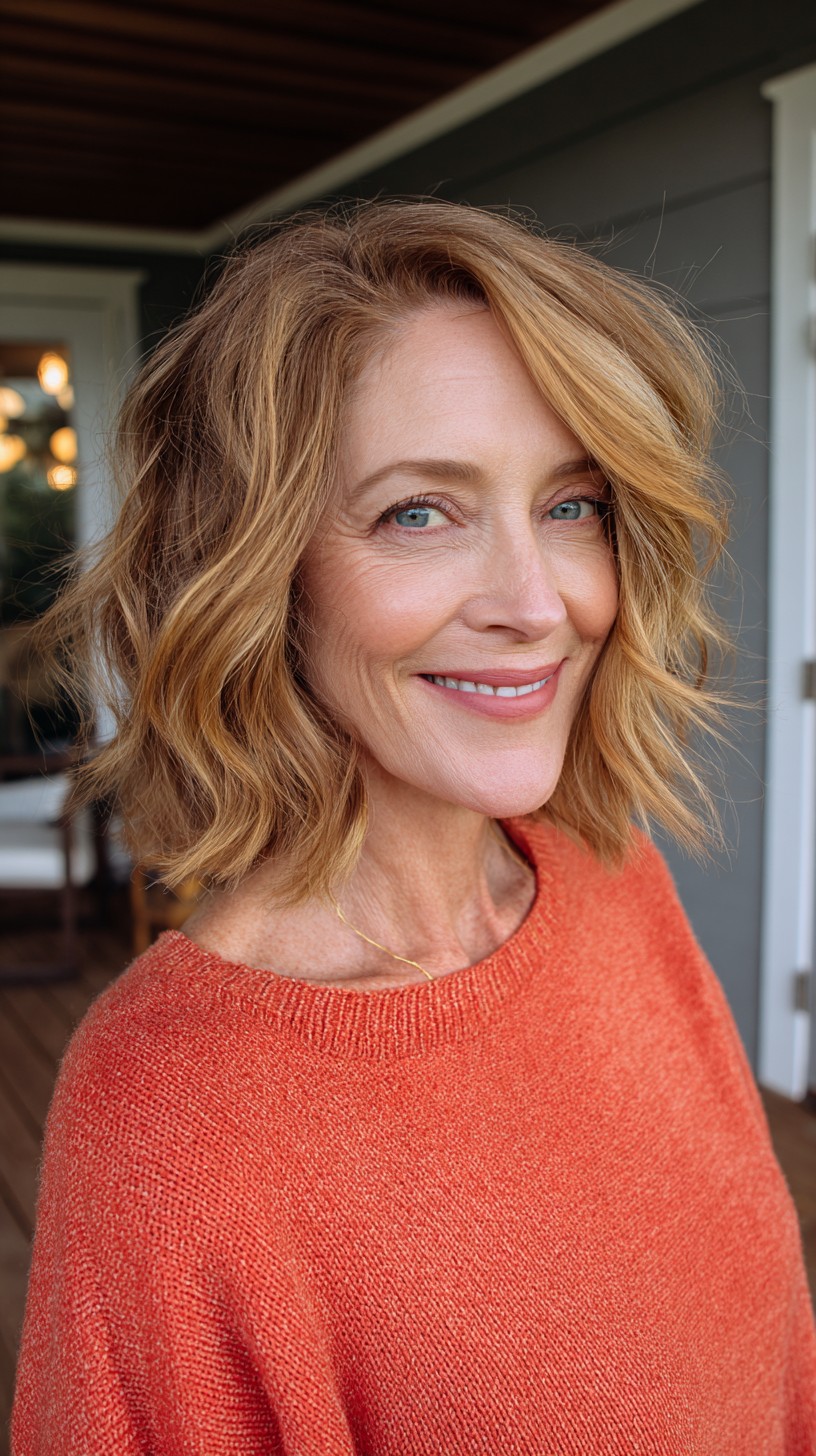 Wavy Chin-to-Shoulder Textured Lob with Soft Face-Framing and Root Smudge