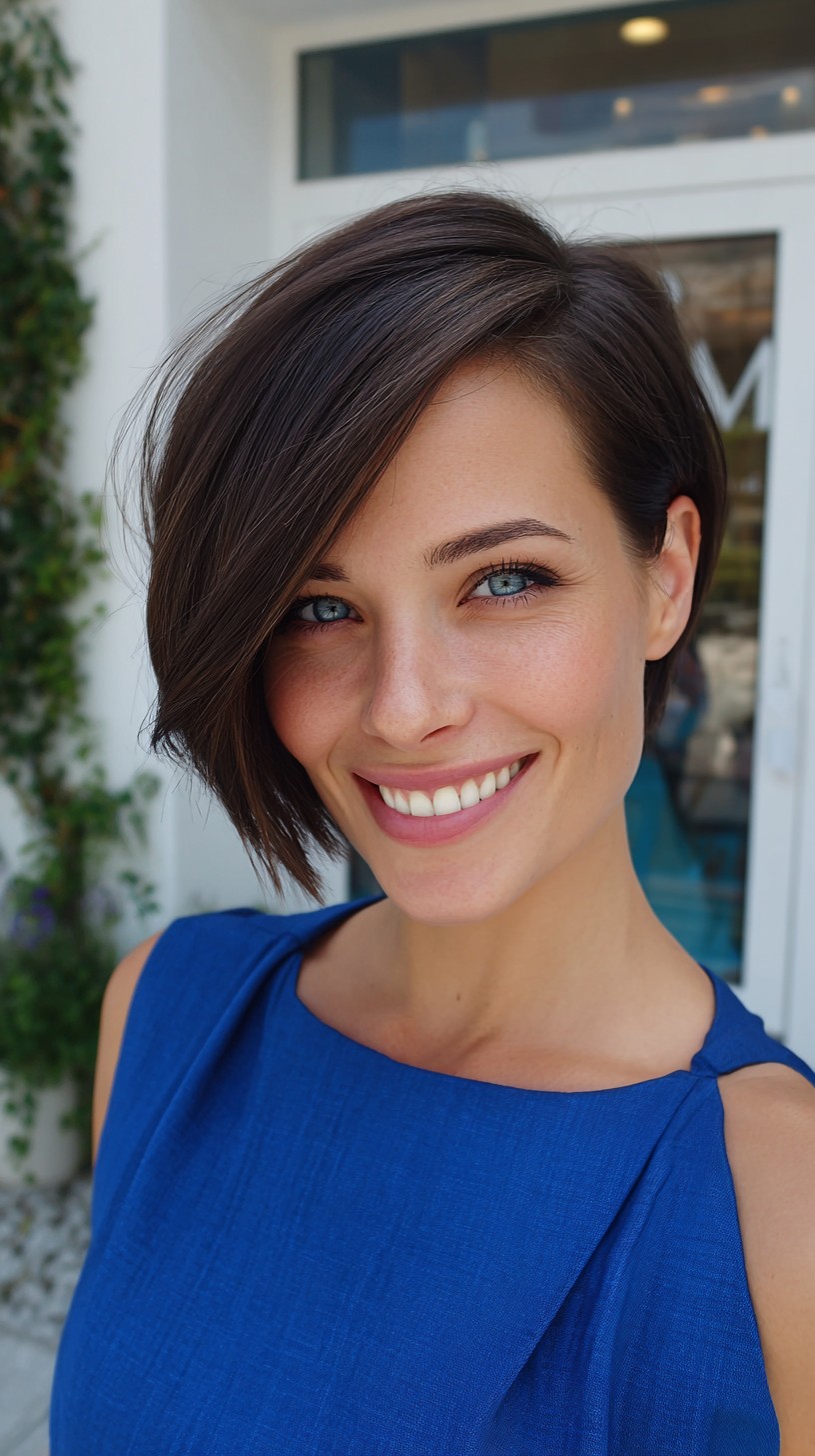 A-Line Chin-Length Bob with Long Side-Swept Fringe and Micro-Textured Ends
