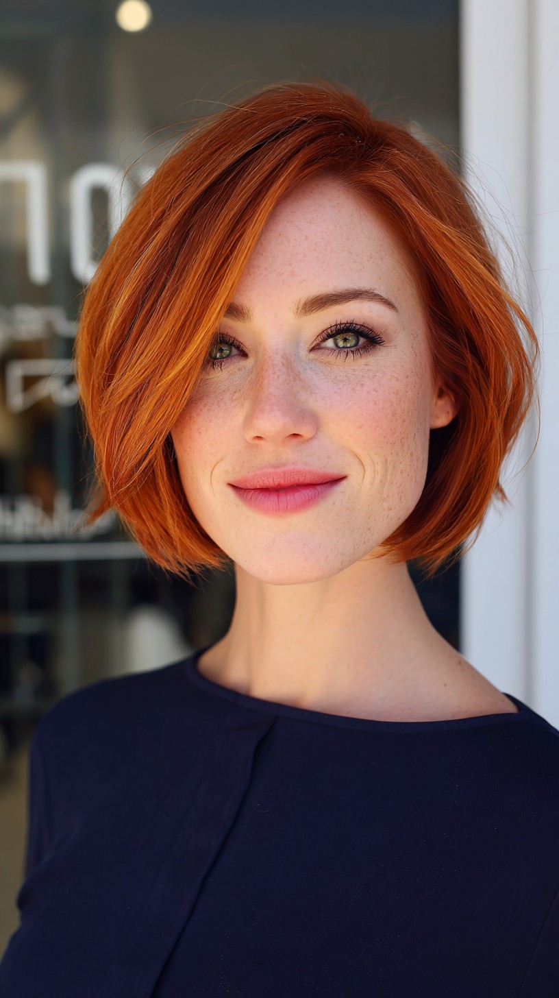 Angled Copper Chin-Length Bob with Deep Side Part