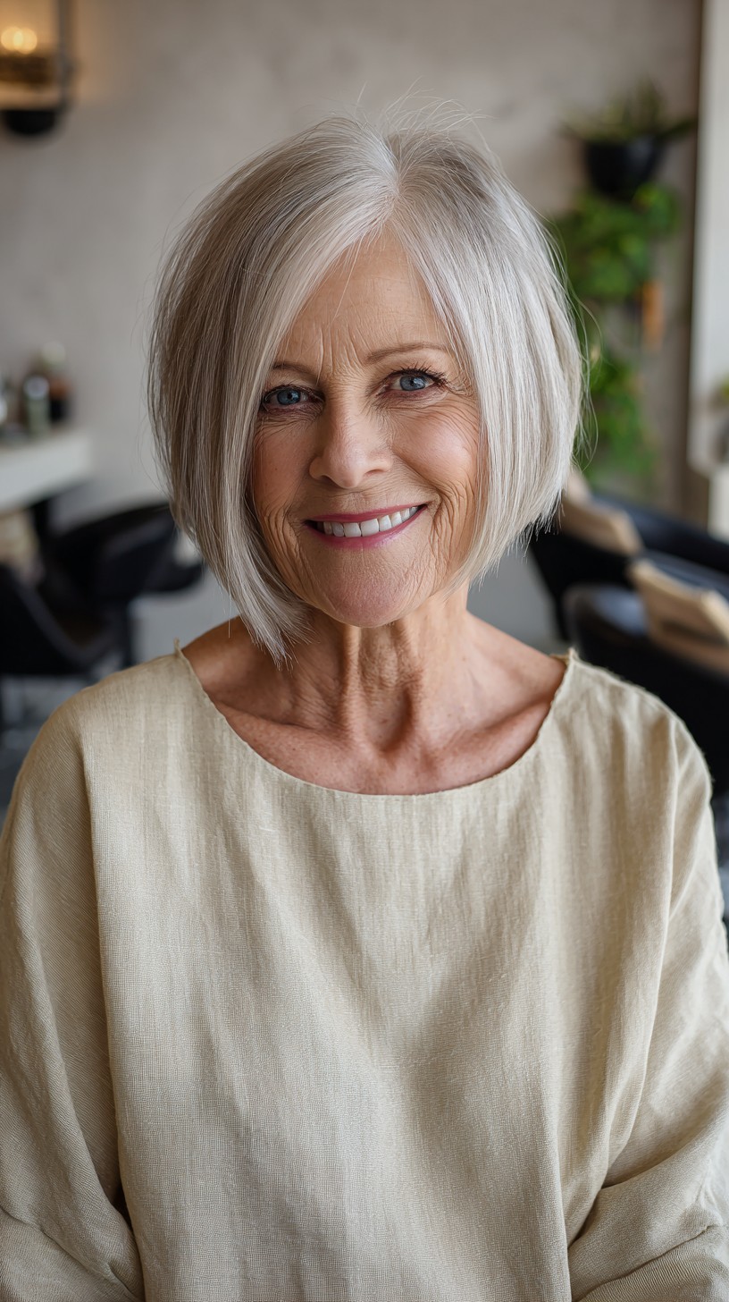 Angled Silver Chin-Length Bob with Hidden Nape Graduation
