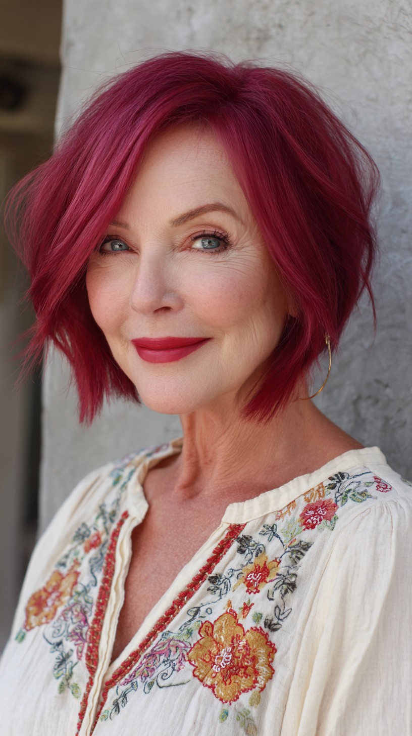 Berry-Toned Angled Chin-Length Bob with Textured Layers