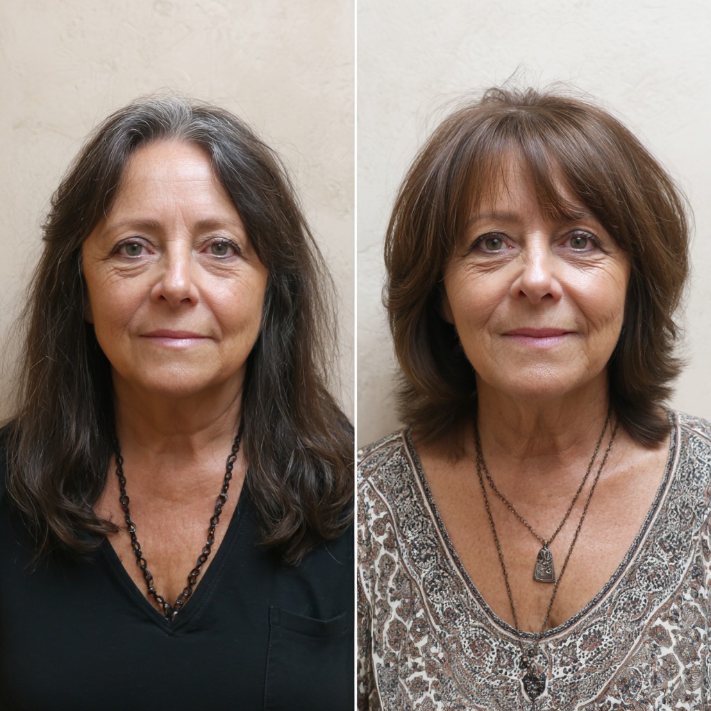 Brunette Chin-Grazing Layered Bob with Soft Side Fringe