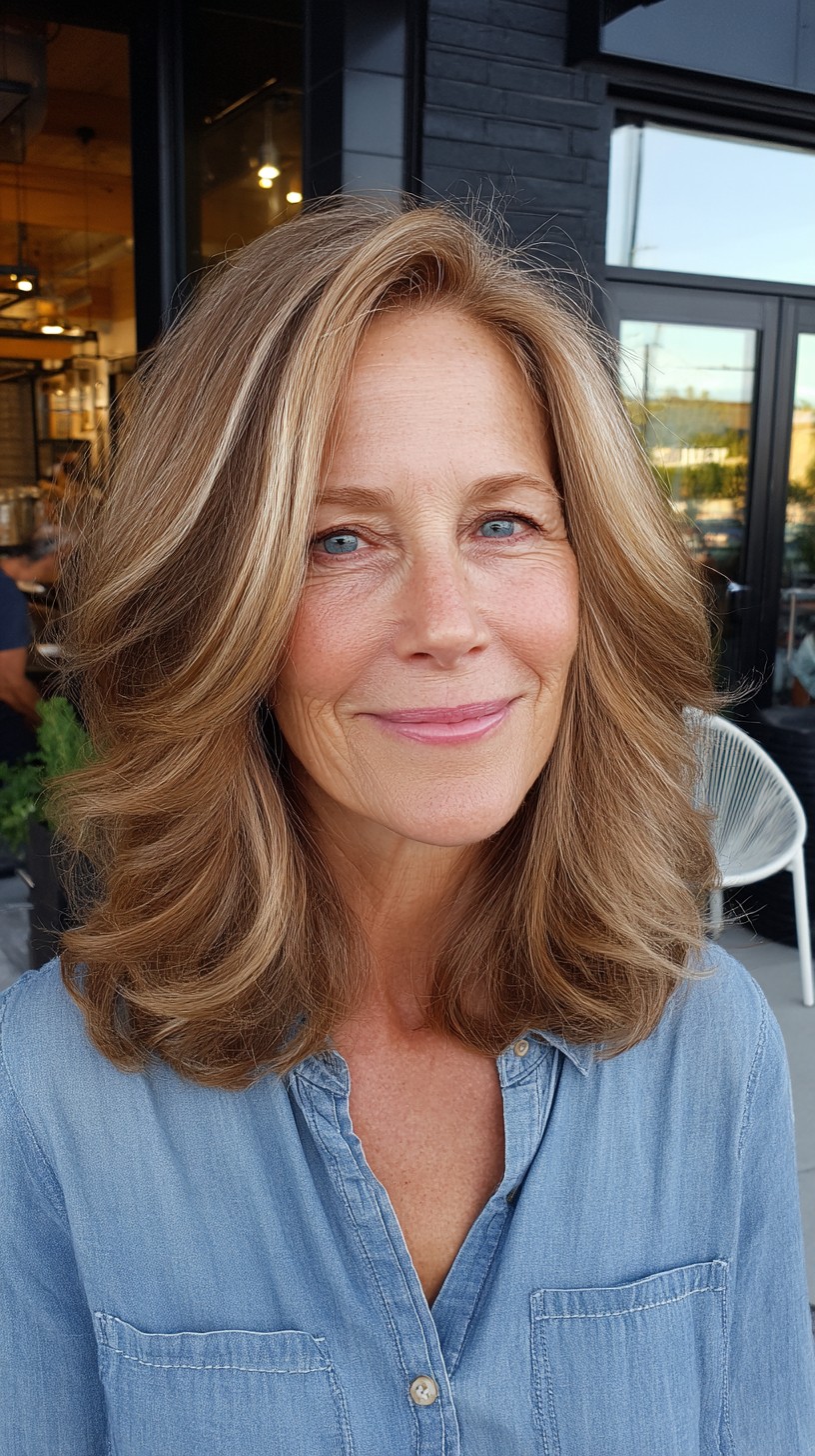 Brushed-Back Mid-Length Layered Blowout with Soft Face-Framing Highlights
