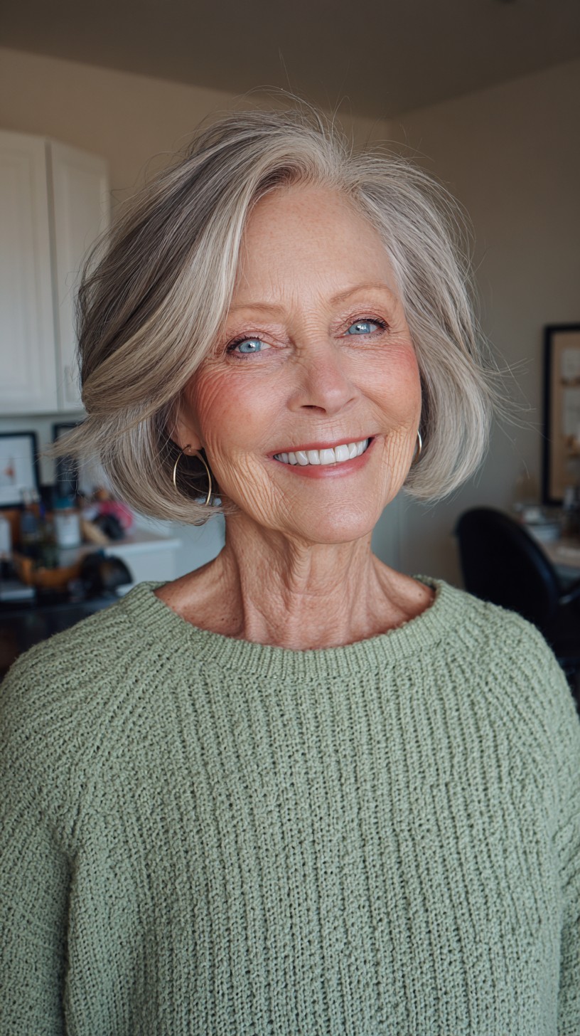 Brushed Side-Part Silver Layered Bob with Subtle Lowlight Depth