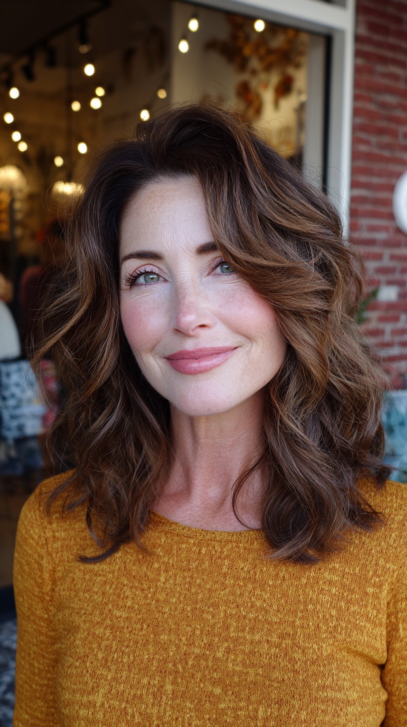 Chestnut Balayage Shoulder‑Grazing Cut with Feathered Face‑Framing Layers