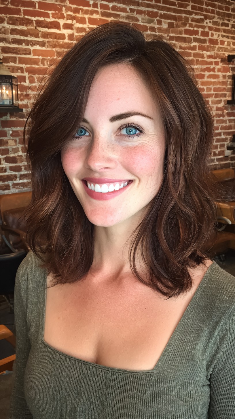Chestnut Shoulder-Grazing Lob with Side‑Swept Face‑Framing Layers