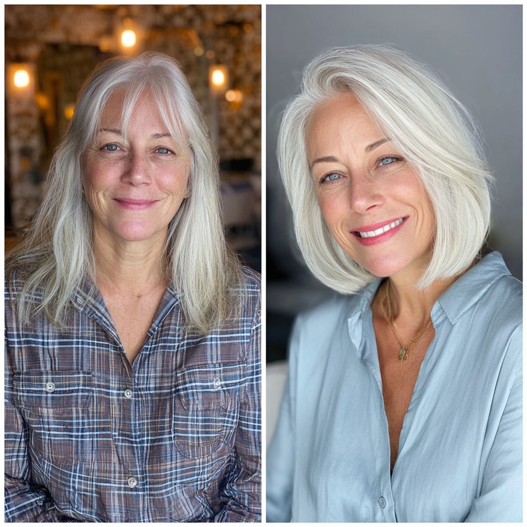 Chic Graduated Chin-Length Silver Bob with Curtain Fringe
