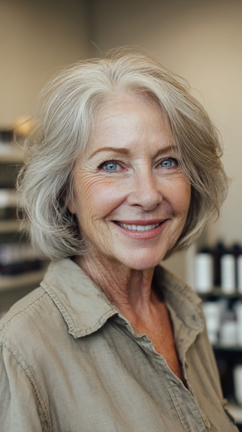 Chic Silver Chin-Length Layered Bob with Root Shadow