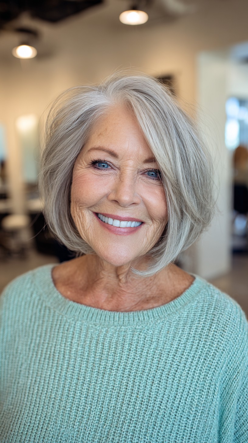 Chin-Length Silver Layered Bob with Diagonal Face-Framing Piece