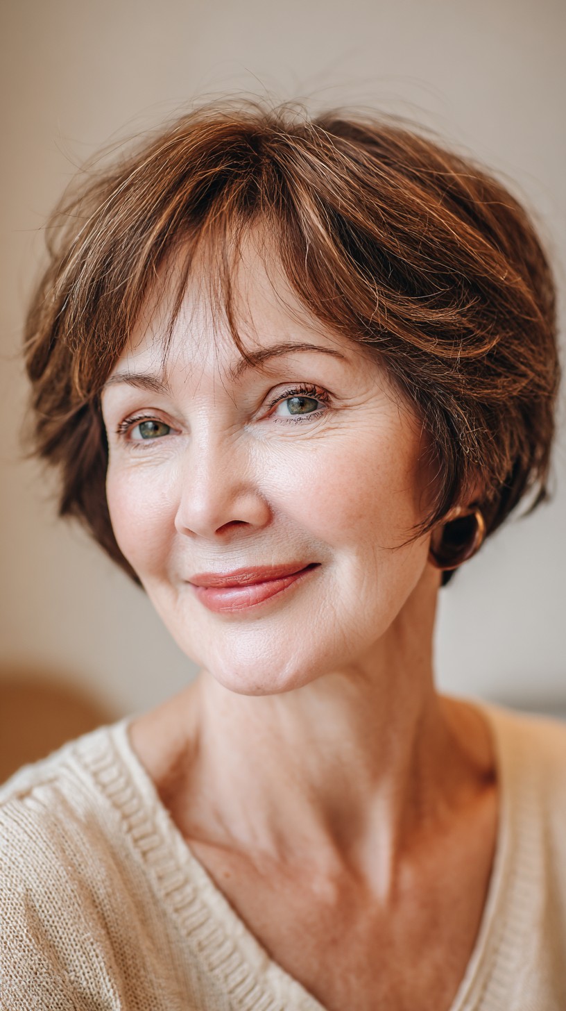 Chocolate Chestnut Layered Bob with Cowlick-Friendly Crown Lift