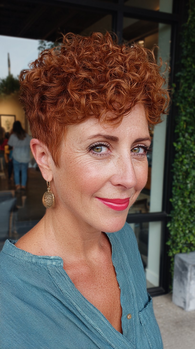 Copper Curly Pixie with Textured Crown and Micro-Tapered Sides