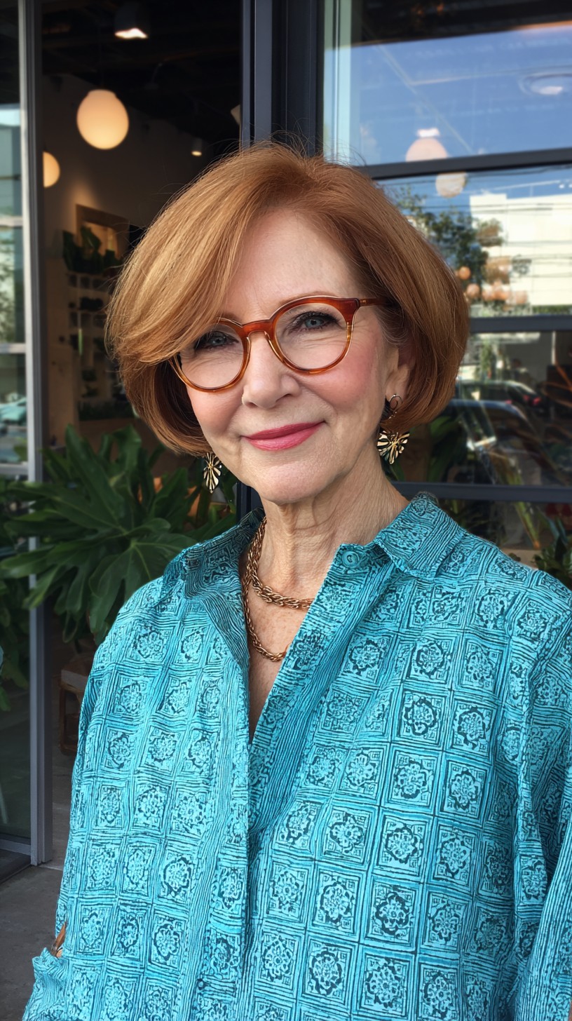 Copper Stacked Bob with Side-Swept Fringe and Glasses