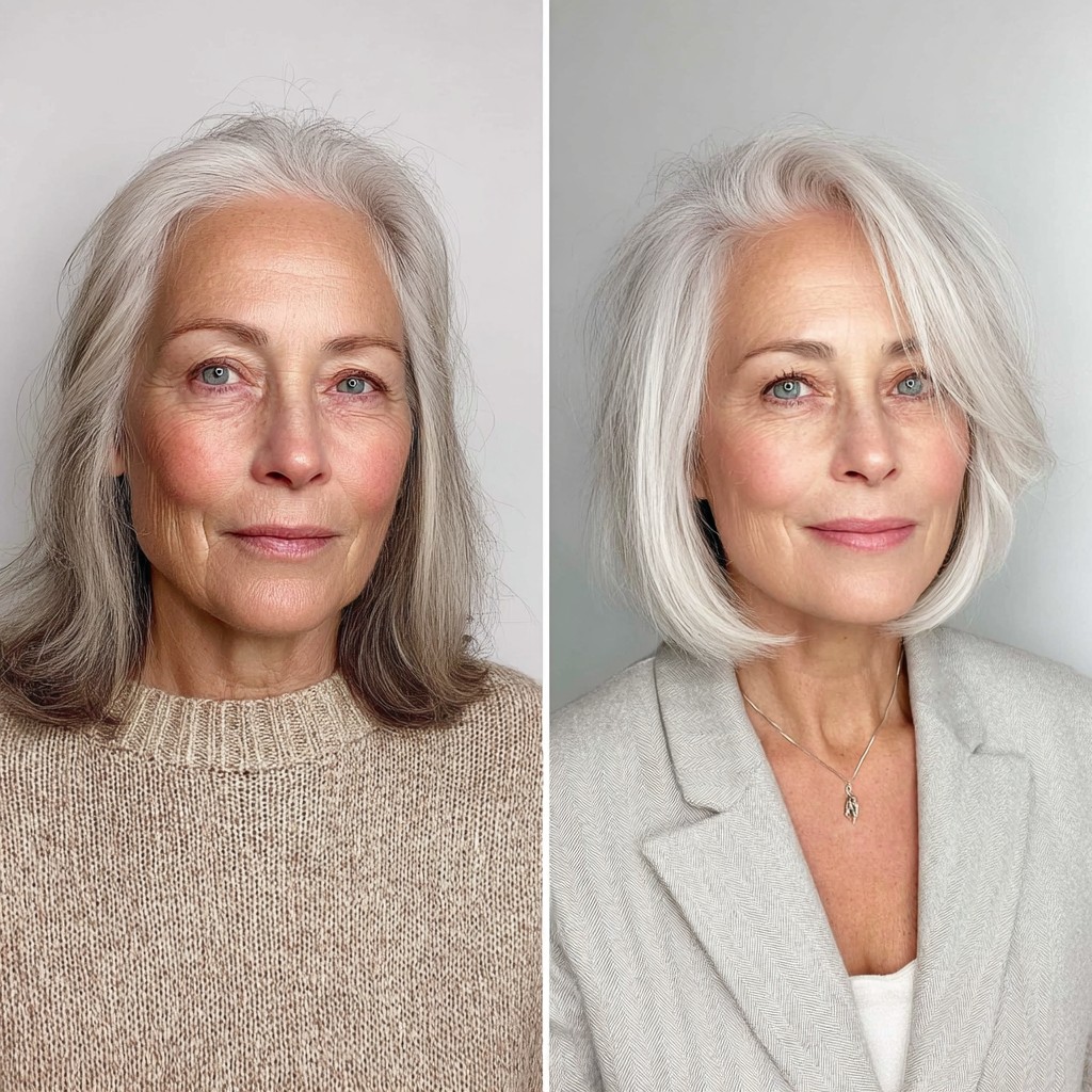 Crisp Chin-Grazing Silver Bob with Long Side Sweep
