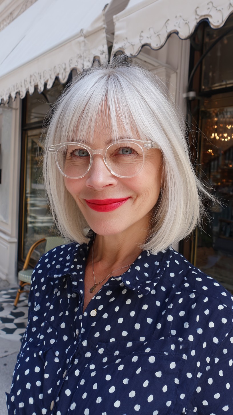 Crisp Silver Blunt Bob with Wispy Micro-Bangs
