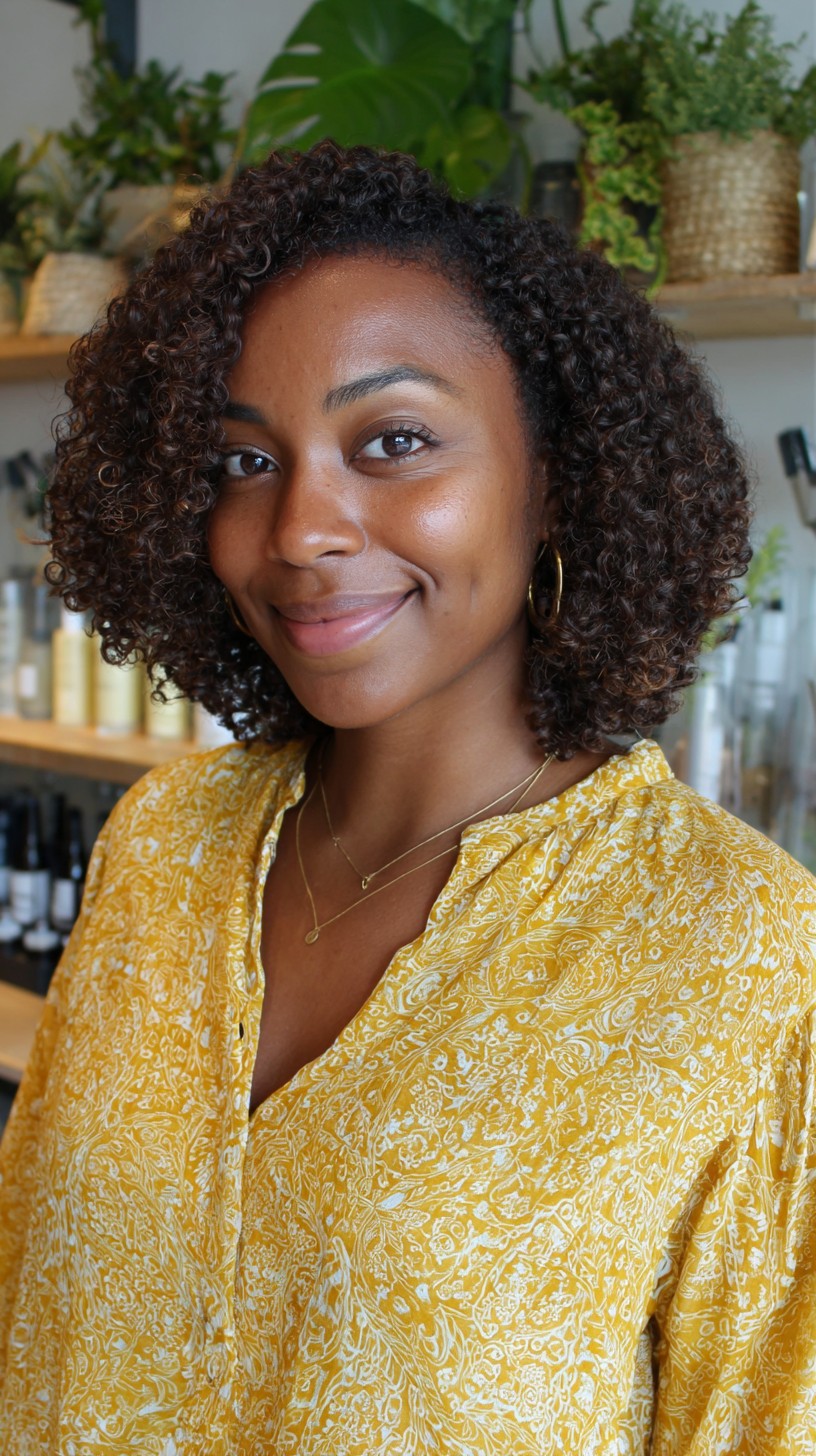 Curly Chin-to-Collarbone Side-Parted Bob with Micro-Layers