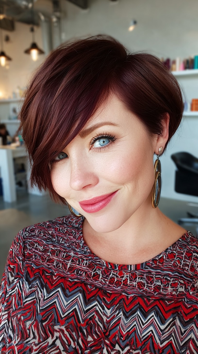 Asymmetrical Deep Side-Swept Auburn Pixie with Interior Stacking