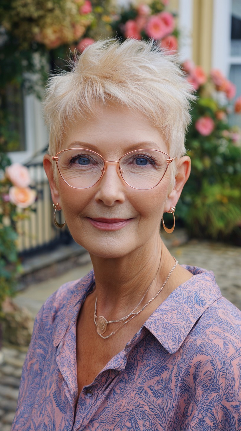 Feathered Platinum Pixie with Lifted Crown and Round Glasses