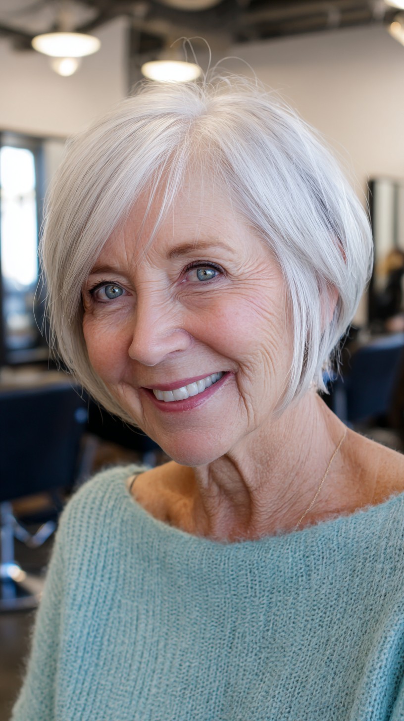 Feathered Silver Chin-Length Layered Bob with Flipped Nape