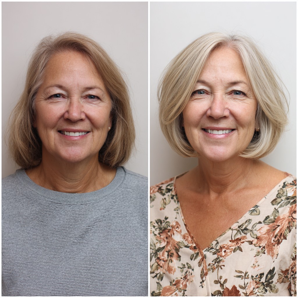 Gentle Rounded Chin-Length Bob with Curtain Face-Framing and Root-Smudge Dimension
