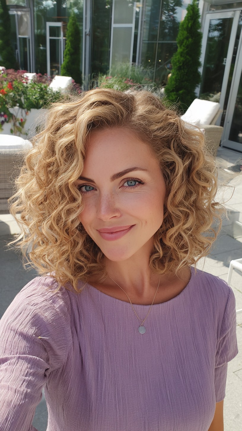 Golden Curly Shoulder-Grazing Lob with Deep Side Part