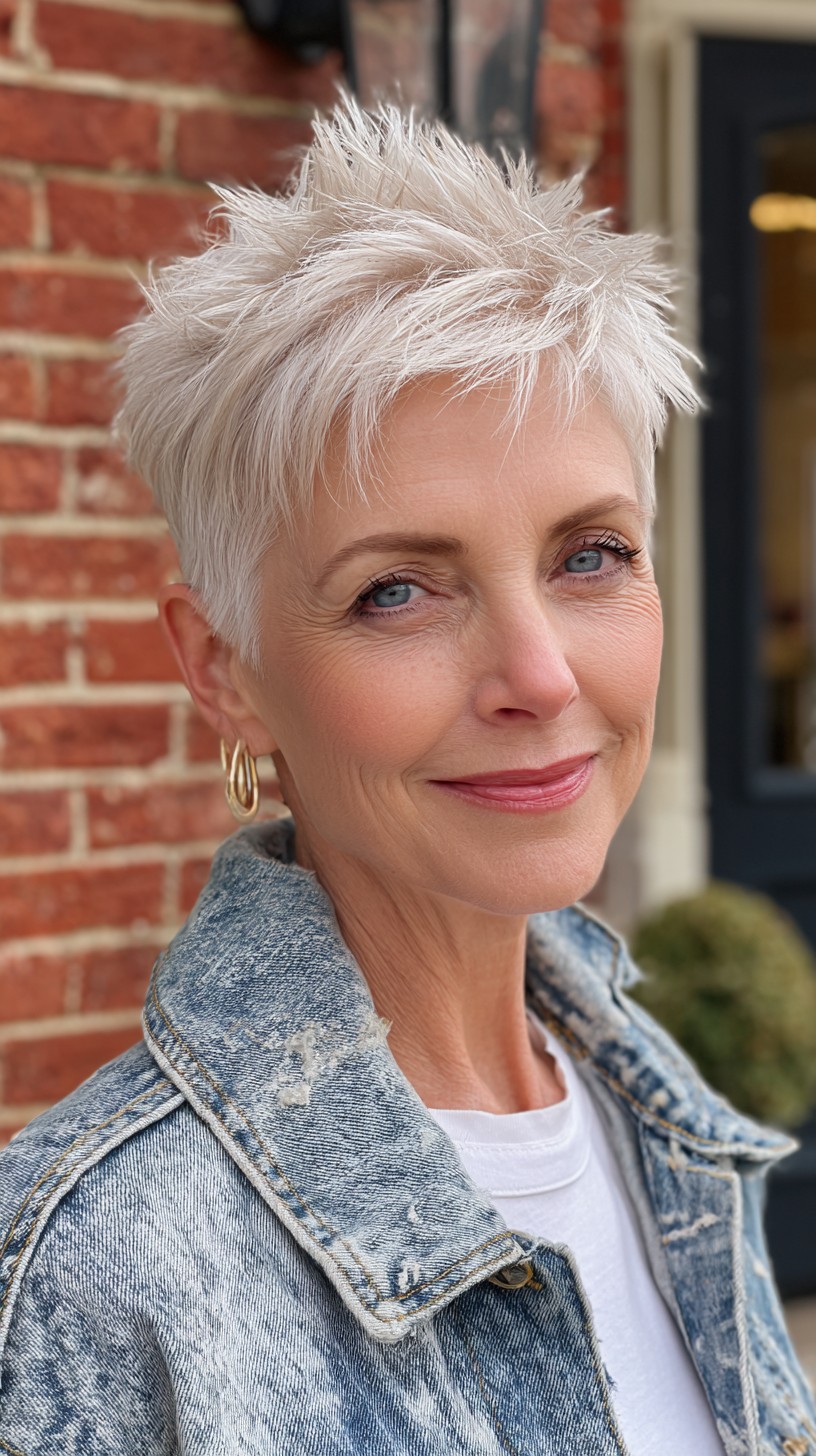 Icy Platinum Textured Pixie with Tapered Sides and Spiky Crown