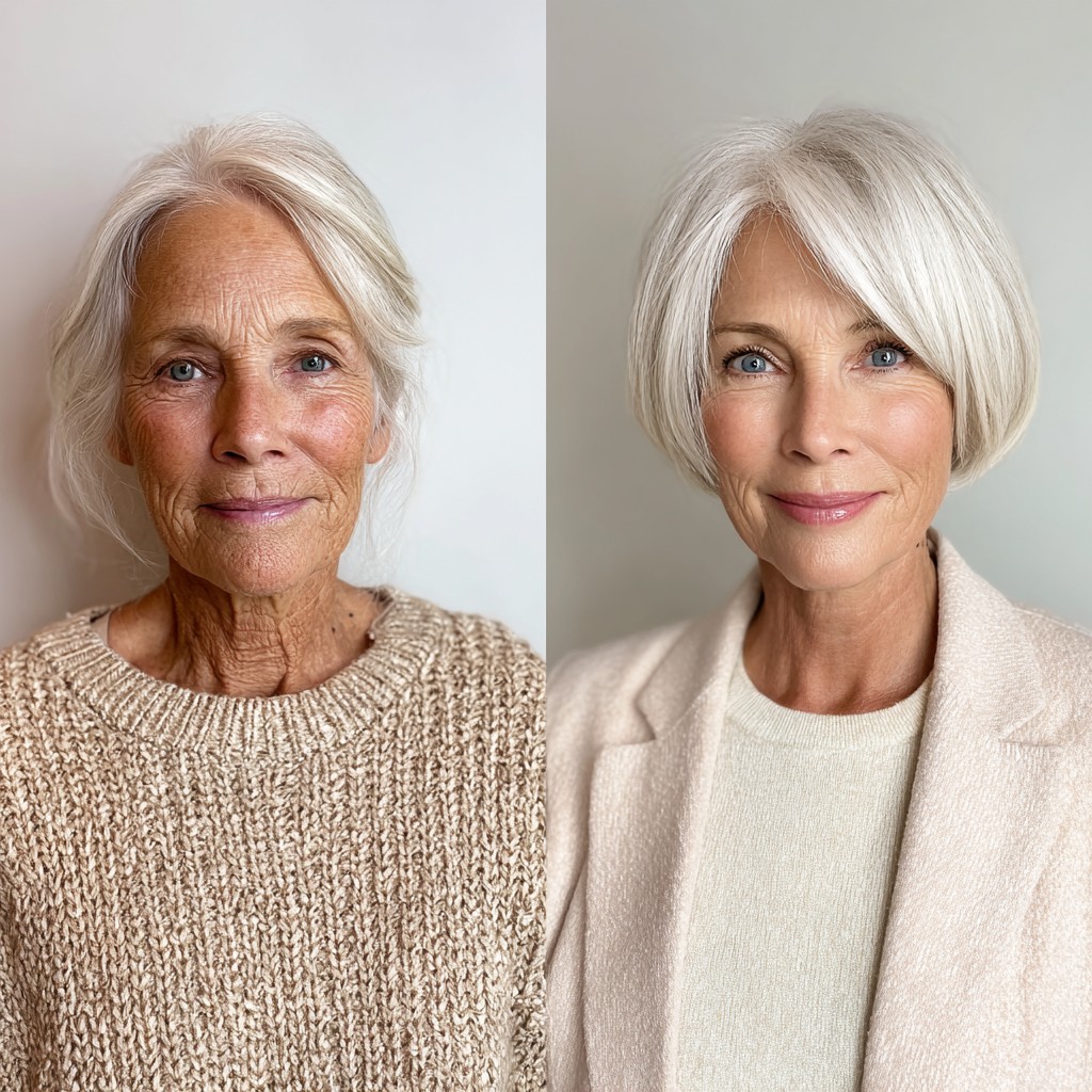 Icy Silver Chin-Length Stacked Bob with Face‑Framing Sweep