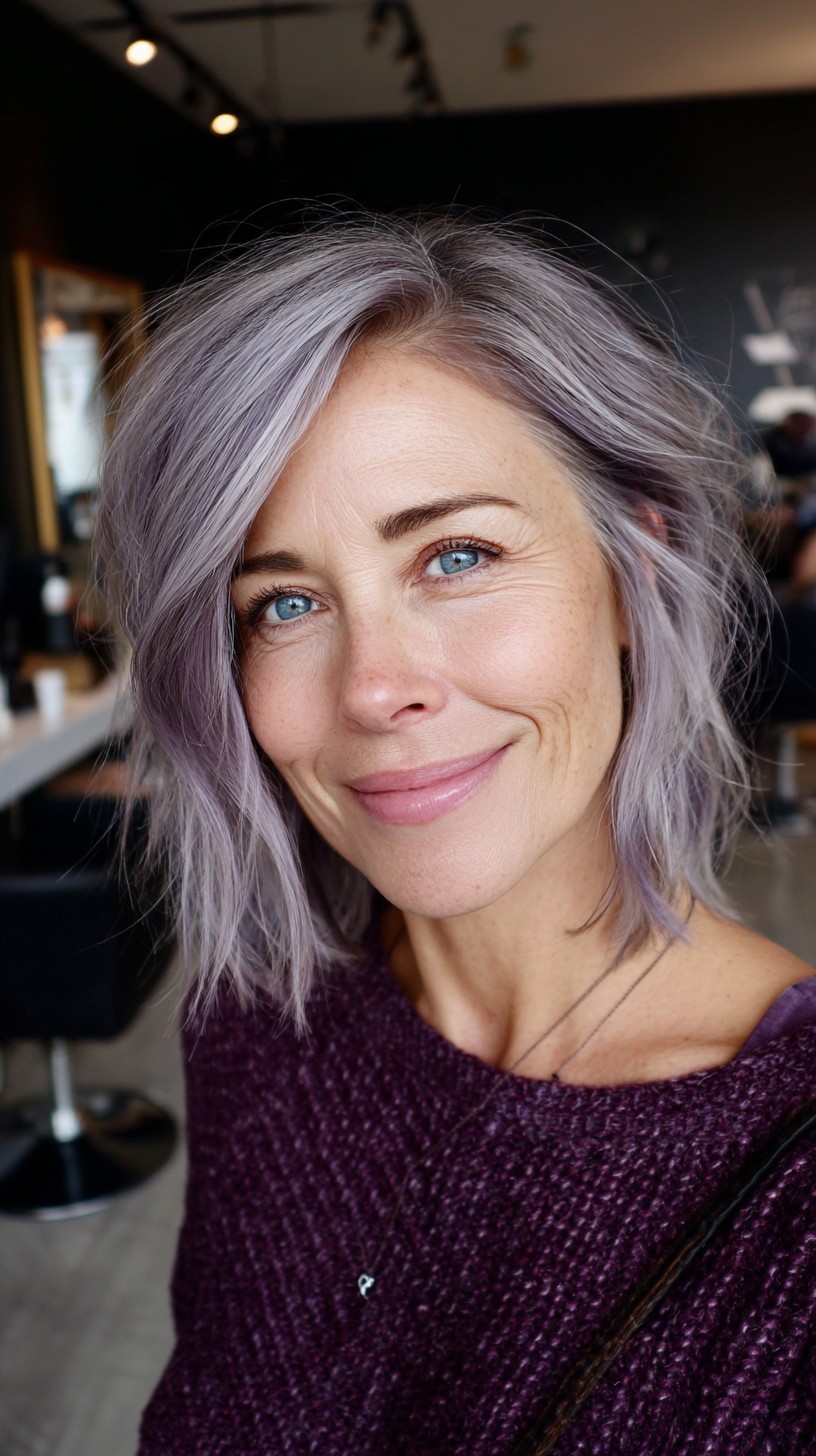 Lavender-Silver Textured Mid-Lob with Deep Side Part