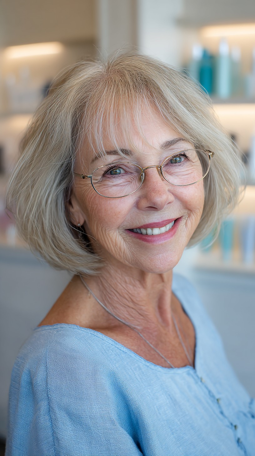 Light Silver-Blonde Chin-Length Layered Bob with Wispy Fringe