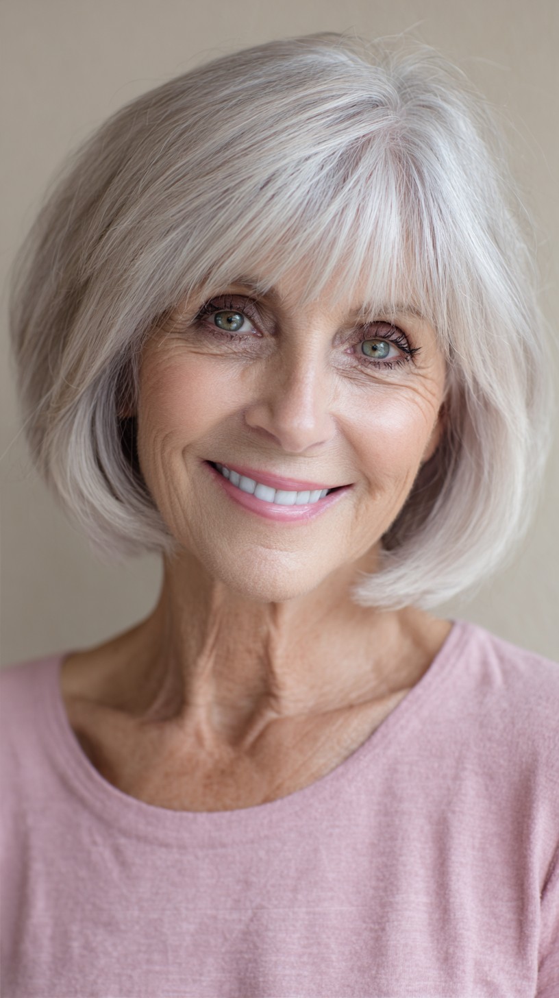 Light Silver Rounded Layered Bob with Feathered Brow-Skimming Fringe