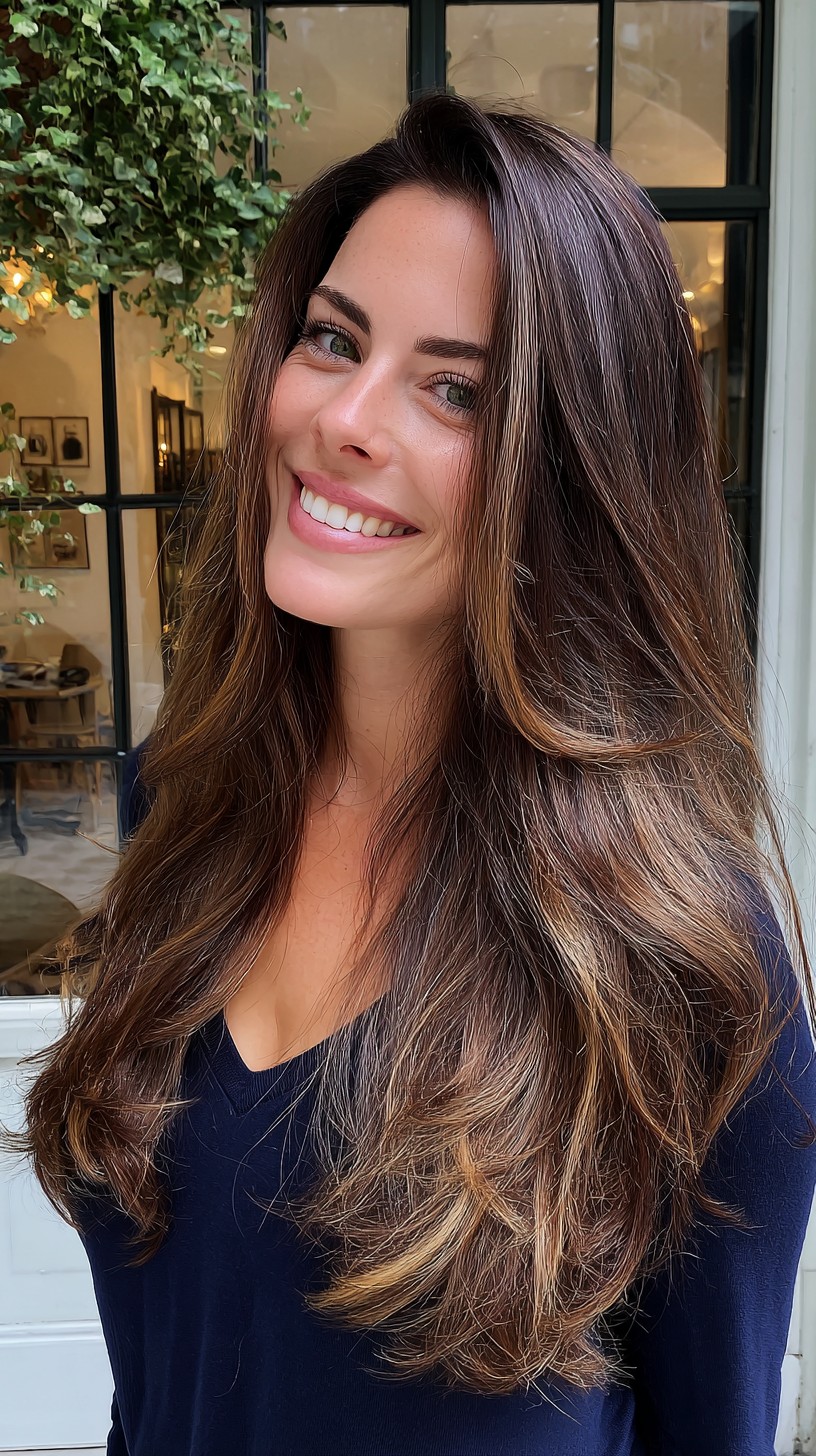 Long Brunette Balayage with Face-Framing Curtain Layers